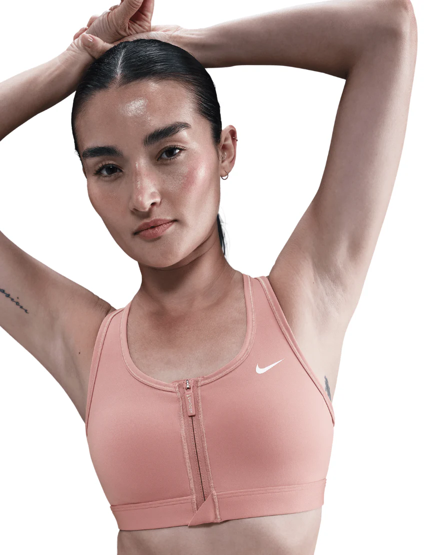 Women's Medium-Support Padded Swoosh Front Zip Sports Bra :Rust Pink | White - Image 2