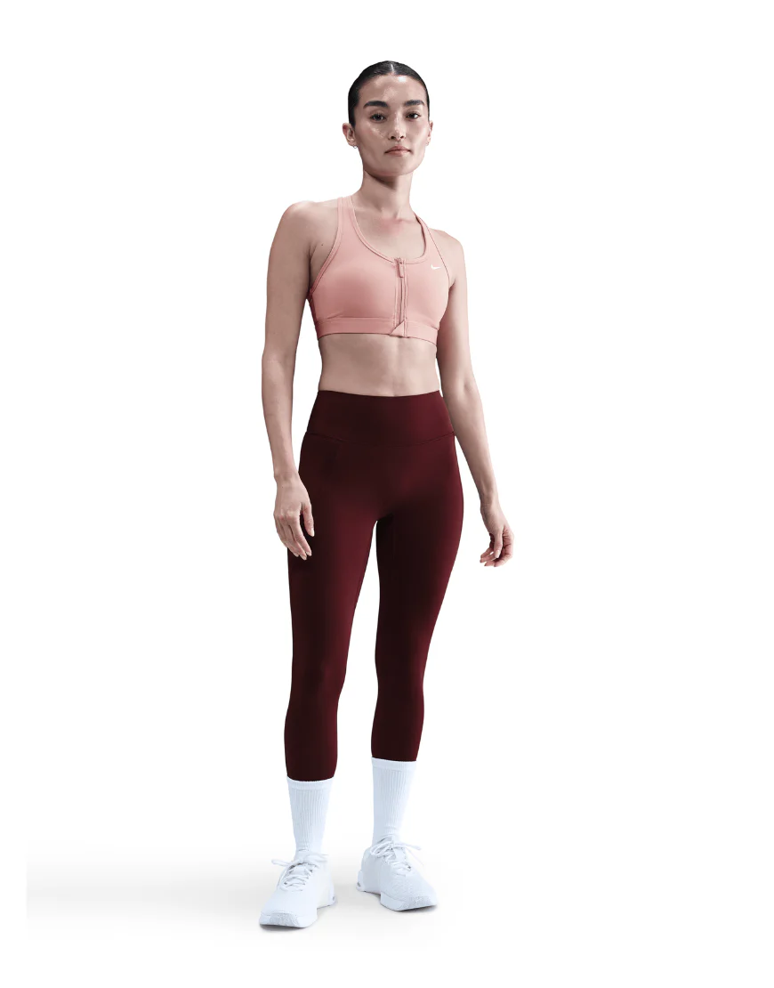 Women's Medium-Support Padded Swoosh Front Zip Sports Bra :Rust Pink | White - Image 4